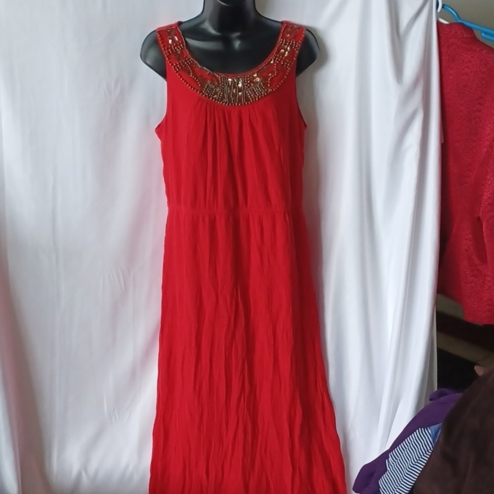 Red maxi beaded dress with sequins, and light weight gauze material,